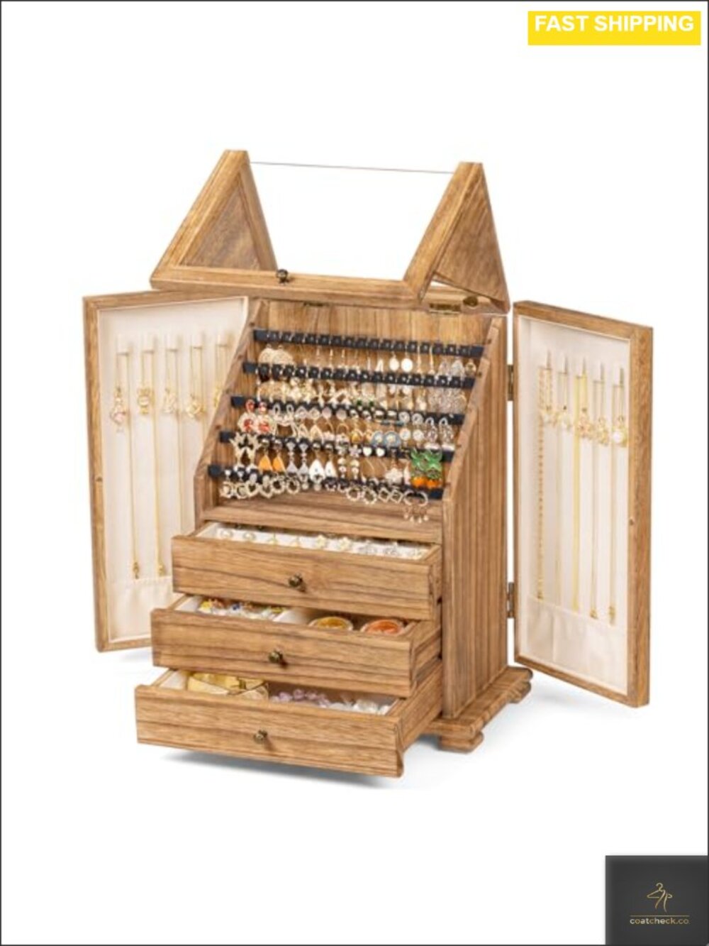 Wooden Jewelry Box Organizer 96 Earring Holder Acrylic Cover Velvet Lined